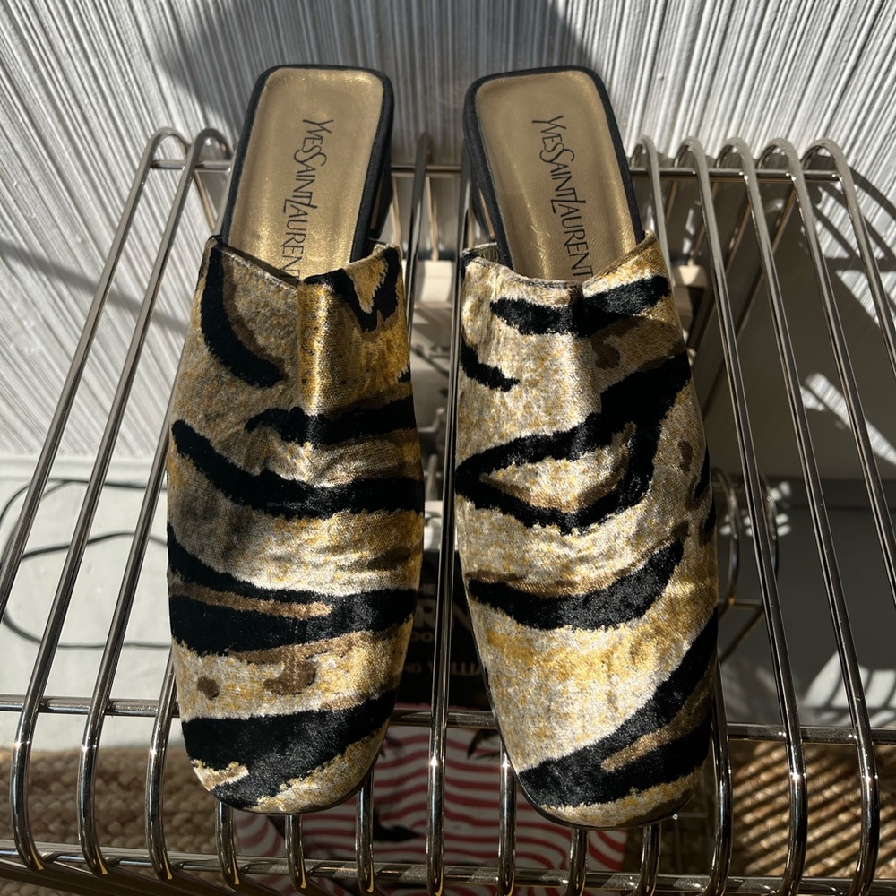 Yves Saint Laurent Tiger Print Velvet Mules Sz. 9